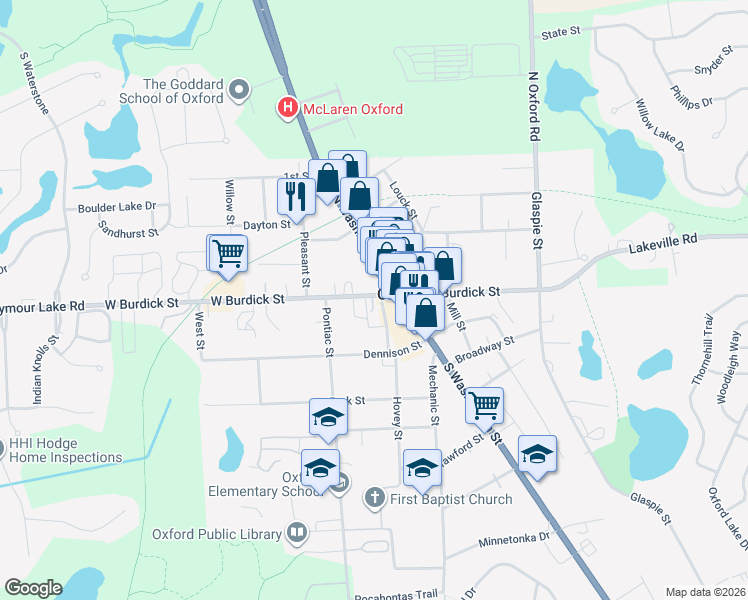 map of restaurants, bars, coffee shops, grocery stores, and more near 19 West Burdick Street in Oxford