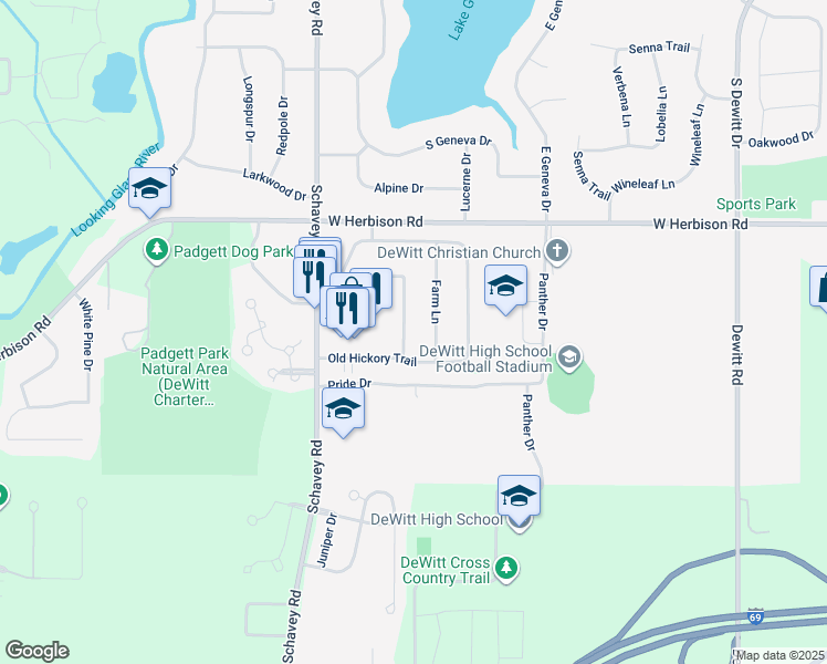 map of restaurants, bars, coffee shops, grocery stores, and more near 13153 Hitching Post Road in DeWitt