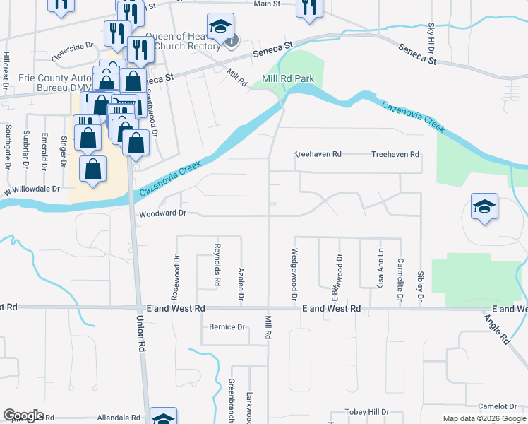 map of restaurants, bars, coffee shops, grocery stores, and more near 500 Mill Road in Buffalo