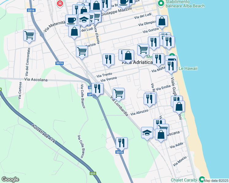 map of restaurants, bars, coffee shops, grocery stores, and more near 15 Via Ercole Falò in Alba Adriatica