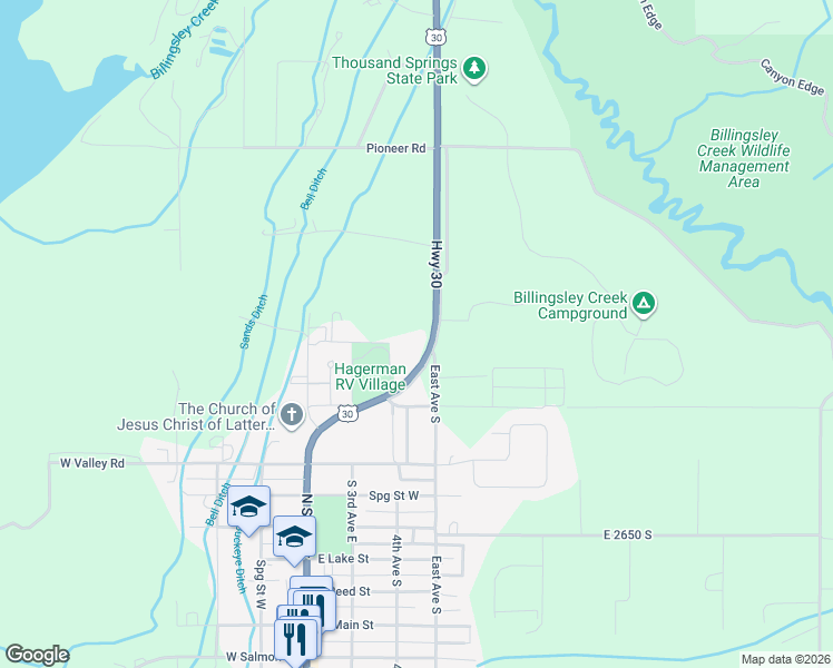map of restaurants, bars, coffee shops, grocery stores, and more near 18025 U.S. 30 in Hagerman