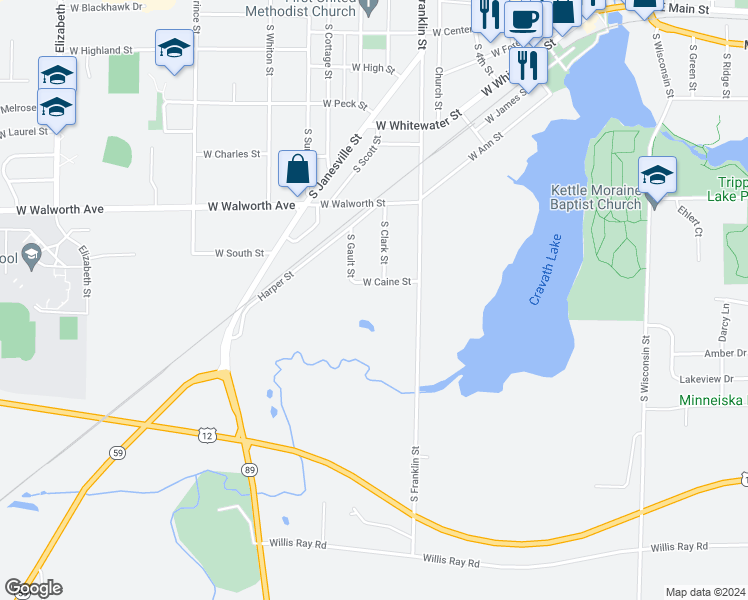 map of restaurants, bars, coffee shops, grocery stores, and more near 539 West Caine Street in Whitewater