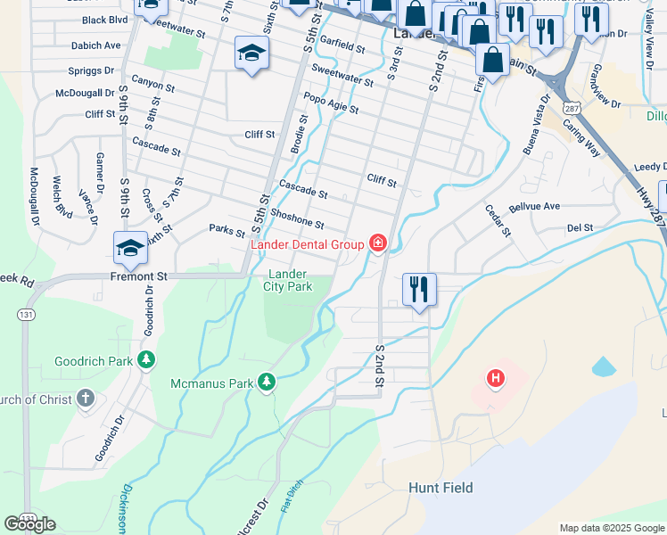 map of restaurants, bars, coffee shops, grocery stores, and more near 327 North 5th Street in Lander