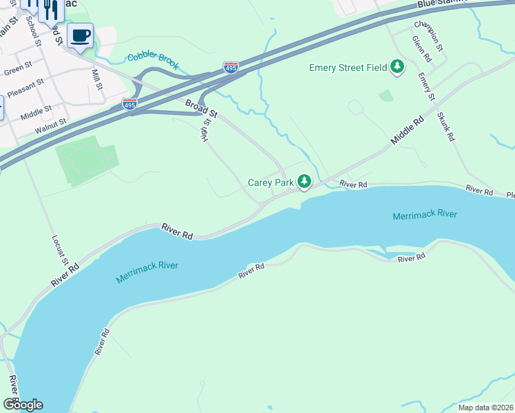 map of restaurants, bars, coffee shops, grocery stores, and more near 96 River Road in Merrimac