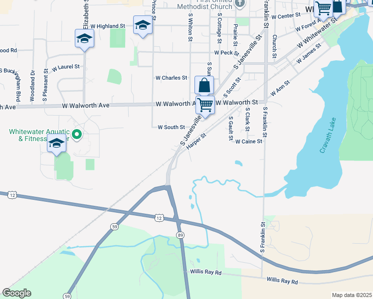 map of restaurants, bars, coffee shops, grocery stores, and more near 647 Harper Street in Whitewater
