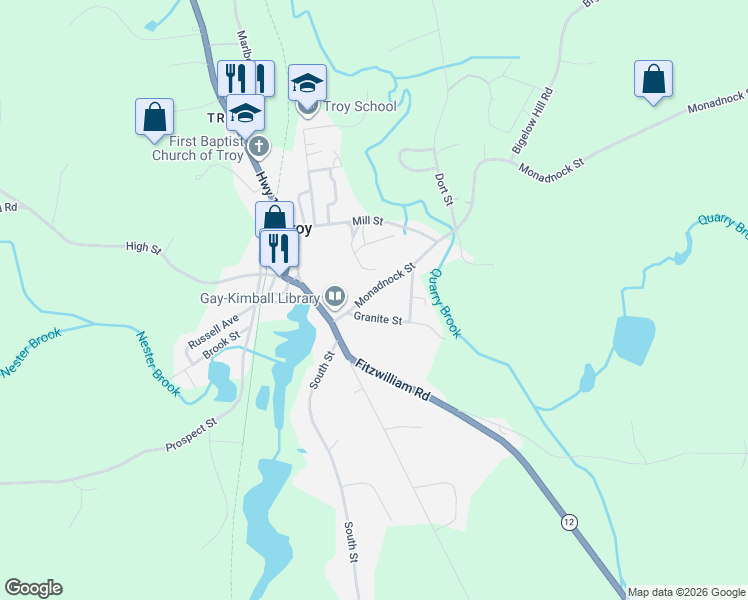 map of restaurants, bars, coffee shops, grocery stores, and more near 23 Monadnock Street in Troy