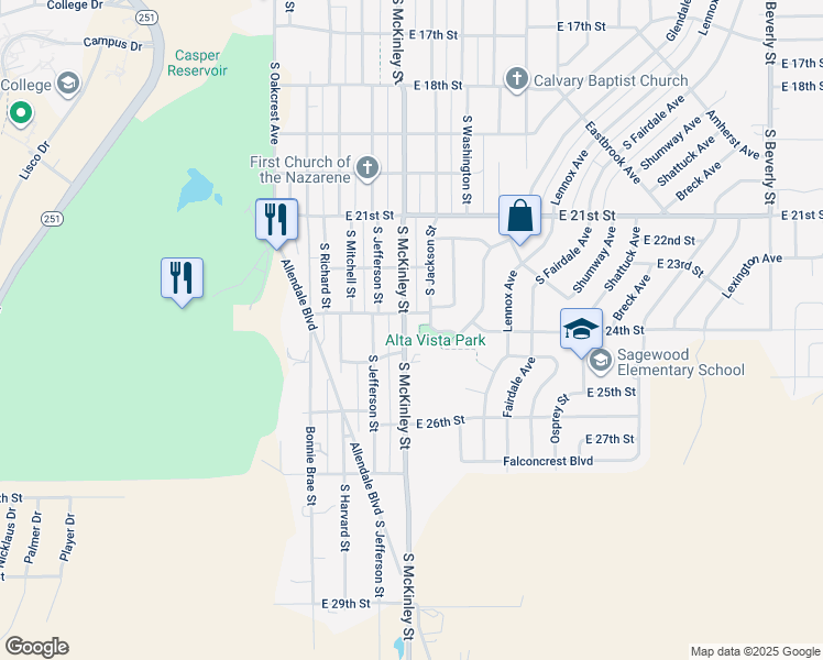 map of restaurants, bars, coffee shops, grocery stores, and more near 961 East 23rd Street in Casper