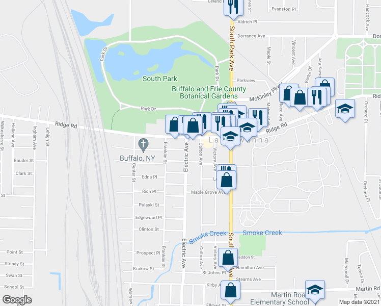 map of restaurants, bars, coffee shops, grocery stores, and more near 1261 Electric Avenue in Buffalo