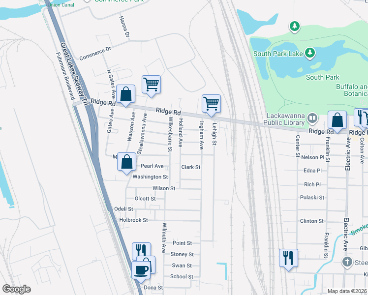 map of restaurants, bars, coffee shops, grocery stores, and more near 17 Eaton Street in Lackawanna