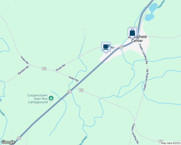 map of restaurants, bars, coffee shops, grocery stores, and more near 7653 Highway 80 in Cooperstown