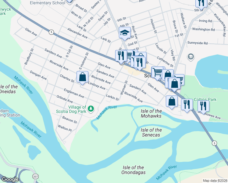 map of restaurants, bars, coffee shops, grocery stores, and more near 311 Riverside Avenue in Scotia