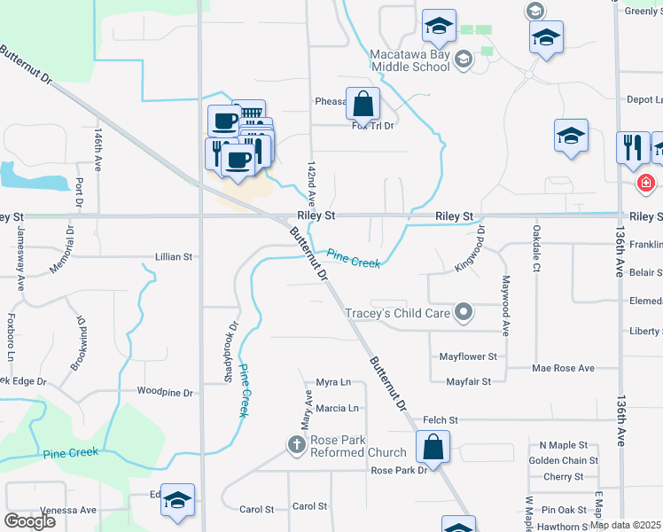 map of restaurants, bars, coffee shops, grocery stores, and more near 901 Butternut Drive in Holland