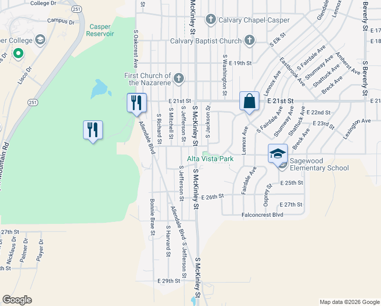 map of restaurants, bars, coffee shops, grocery stores, and more near 2330 South McKinley Street in Casper