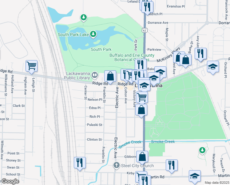 map of restaurants, bars, coffee shops, grocery stores, and more near 1261 Electric Avenue in Buffalo