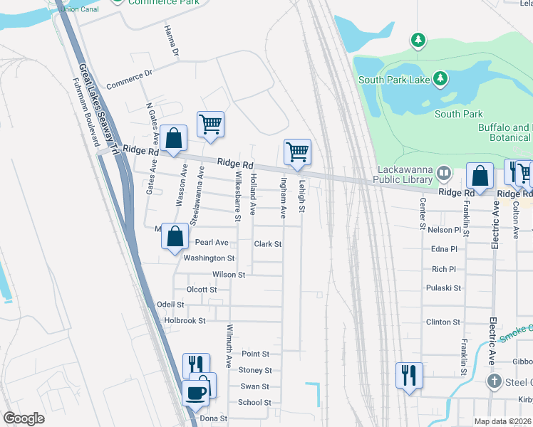 map of restaurants, bars, coffee shops, grocery stores, and more near 17 Eaton Street in Lackawanna