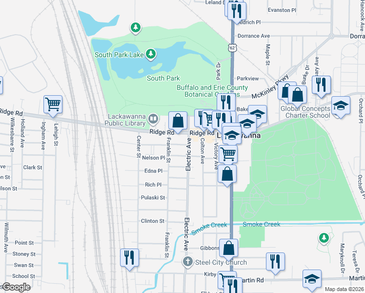 map of restaurants, bars, coffee shops, grocery stores, and more near 1261 Electric Avenue in Buffalo