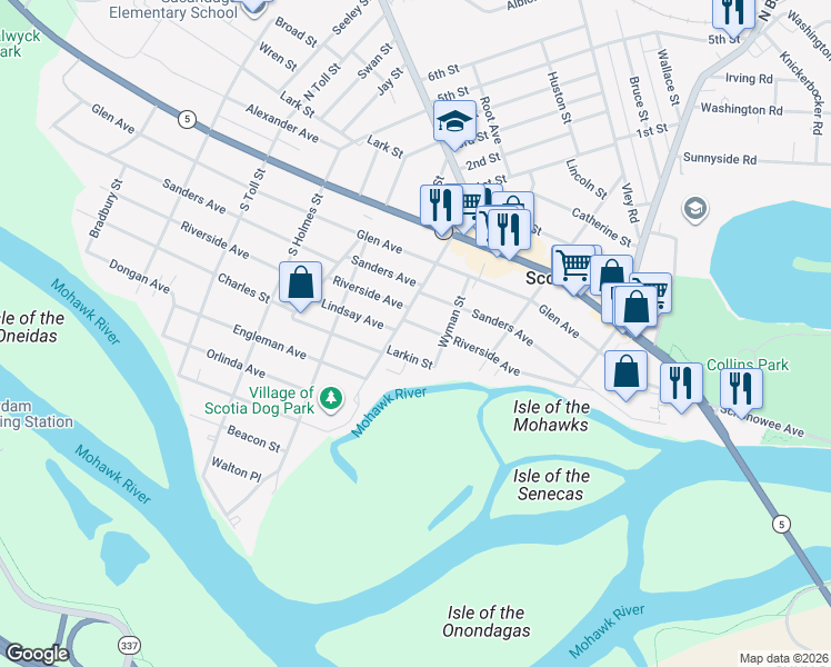 map of restaurants, bars, coffee shops, grocery stores, and more near 311 Riverside Avenue in Scotia