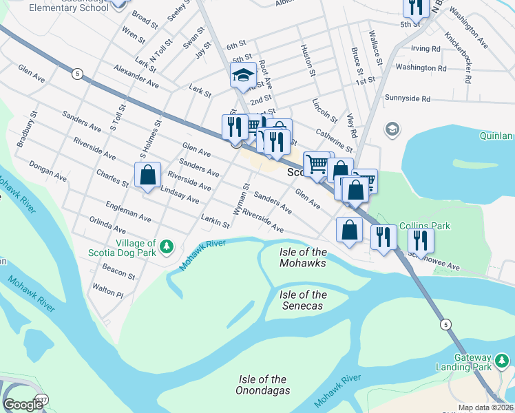 map of restaurants, bars, coffee shops, grocery stores, and more near 204 South Ten Broeck Street in Scotia