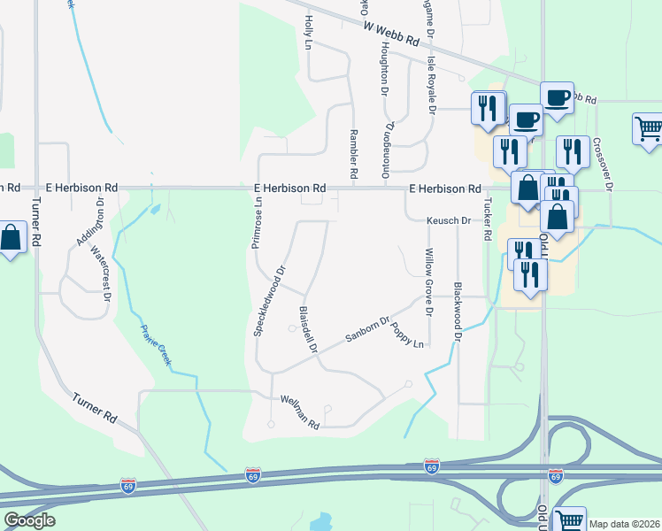 map of restaurants, bars, coffee shops, grocery stores, and more near 13179 Blaisdell Drive in DeWitt