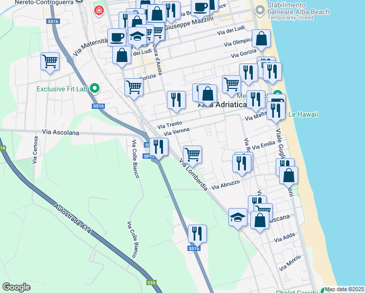 map of restaurants, bars, coffee shops, grocery stores, and more near 5 Via Renato Capanna in Alba Adriatica