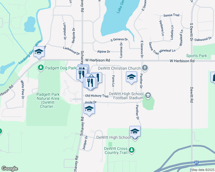 map of restaurants, bars, coffee shops, grocery stores, and more near 13153 Hitching Post Road in DeWitt