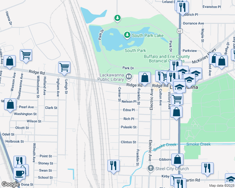 map of restaurants, bars, coffee shops, grocery stores, and more near 33 Center Street in Buffalo