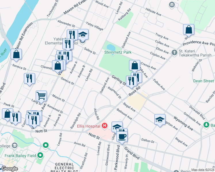 map of restaurants, bars, coffee shops, grocery stores, and more near 1109 Raymond Street in Schenectady