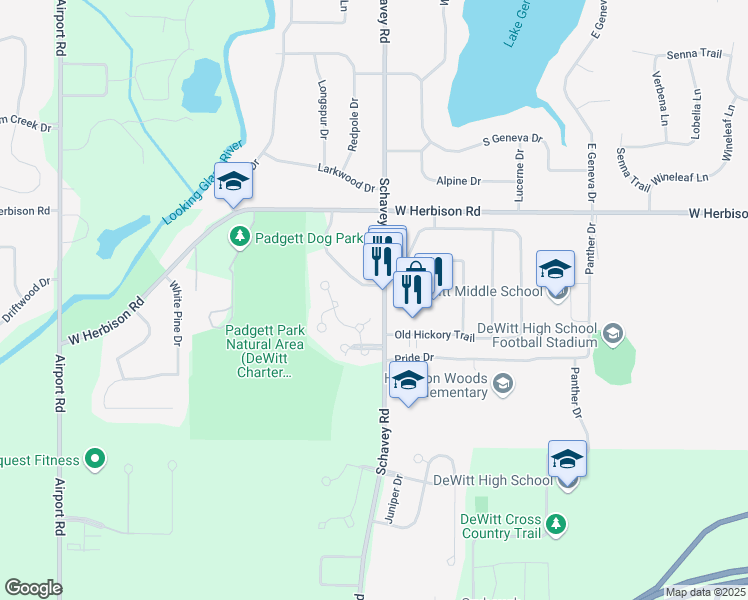 map of restaurants, bars, coffee shops, grocery stores, and more near 13180 Schavey Road in DeWitt