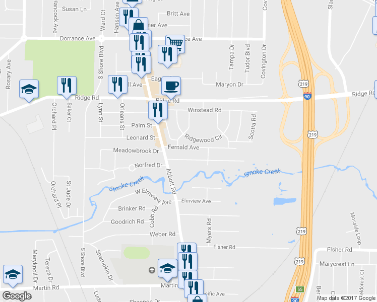 map of restaurants, bars, coffee shops, grocery stores, and more near 55 Fernald Avenue in Buffalo