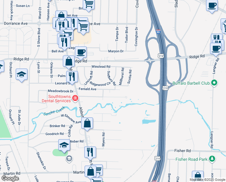 map of restaurants, bars, coffee shops, grocery stores, and more near 137 Fernald Avenue in West Seneca