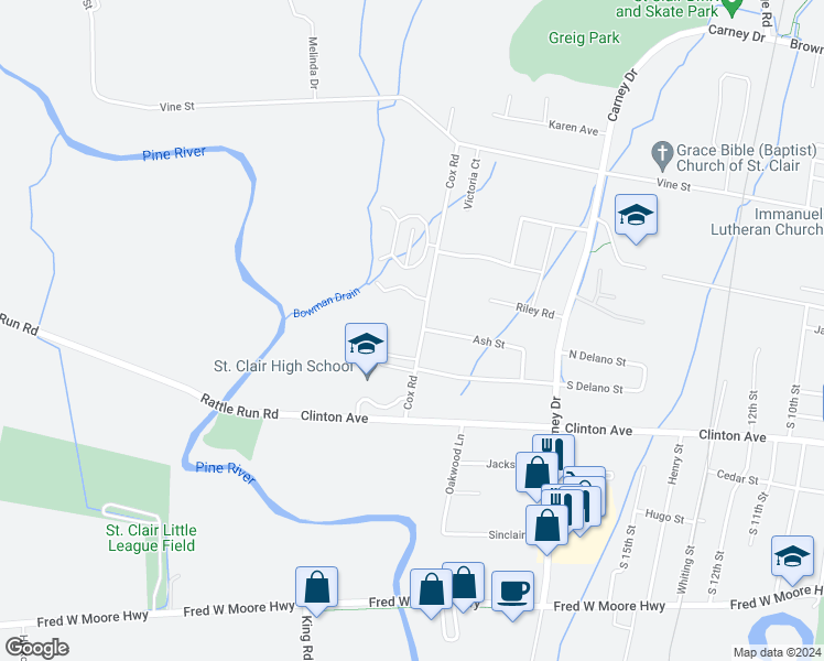 map of restaurants, bars, coffee shops, grocery stores, and more near 2049 Riverview Drive in Saint Clair