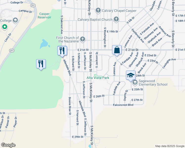 map of restaurants, bars, coffee shops, grocery stores, and more near 961 East 23rd Street in Casper