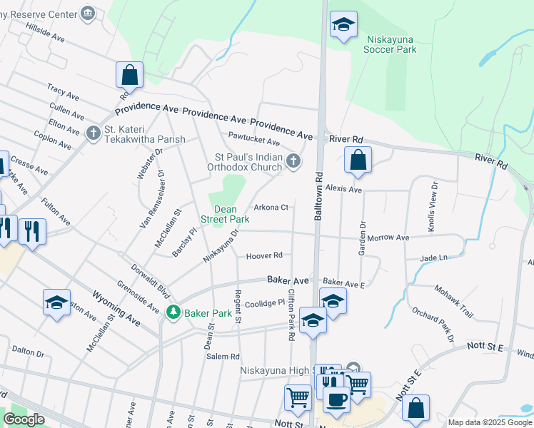 map of restaurants, bars, coffee shops, grocery stores, and more near 2032 Arkona Court in Schenectady County