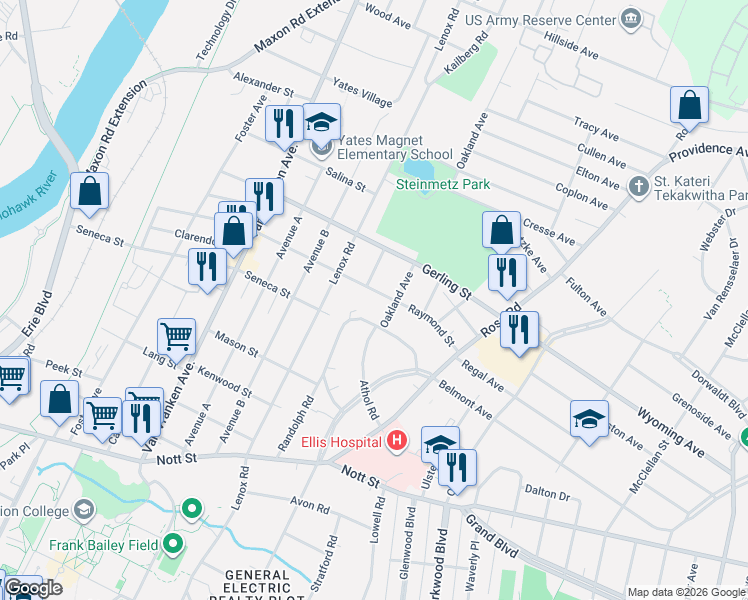 map of restaurants, bars, coffee shops, grocery stores, and more near 1062 Raymond Street in Schenectady