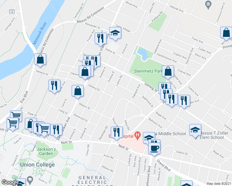 map of restaurants, bars, coffee shops, grocery stores, and more near 1813 Lenox Road in Schenectady