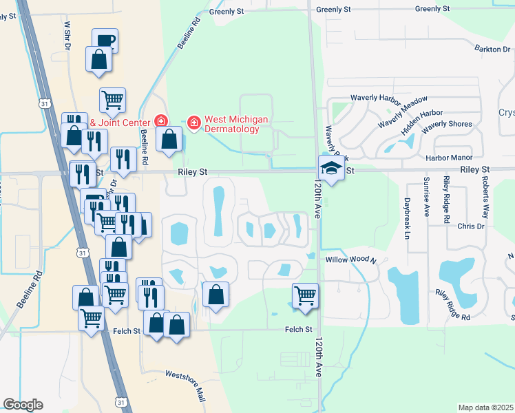 map of restaurants, bars, coffee shops, grocery stores, and more near 12181 North Meadow Springs Drive in Holland