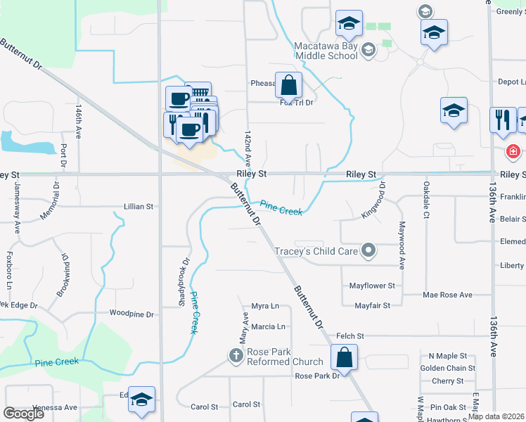 map of restaurants, bars, coffee shops, grocery stores, and more near 901 Butternut Drive in Holland