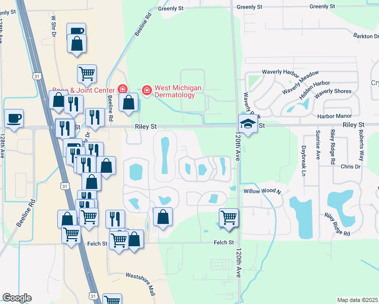 map of restaurants, bars, coffee shops, grocery stores, and more near 12181 North Meadow Springs Drive in Holland