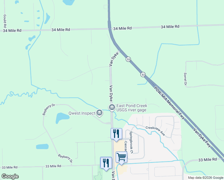 map of restaurants, bars, coffee shops, grocery stores, and more near 72125 Van Dyke Road in Macomb County