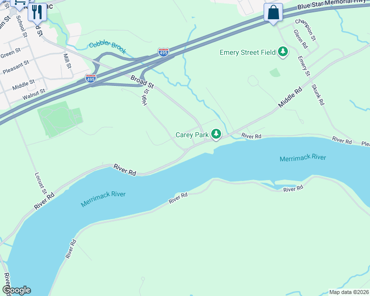 map of restaurants, bars, coffee shops, grocery stores, and more near 96 River Road in Merrimac