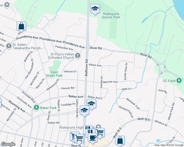 map of restaurants, bars, coffee shops, grocery stores, and more near 2221 Fairlawn Parkway in Schenectady