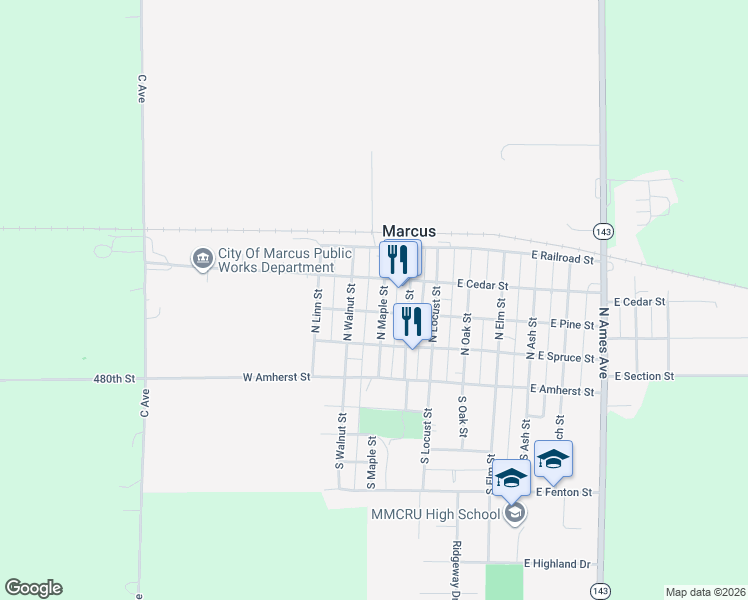 map of restaurants, bars, coffee shops, grocery stores, and more near 302 North Maple Street in Marcus