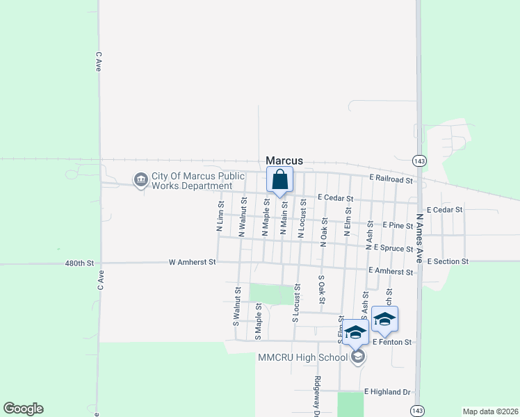 map of restaurants, bars, coffee shops, grocery stores, and more near 302 North Maple Street in Marcus