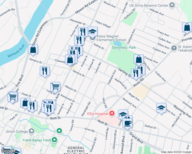 map of restaurants, bars, coffee shops, grocery stores, and more near 1818 Lenox Road in Schenectady