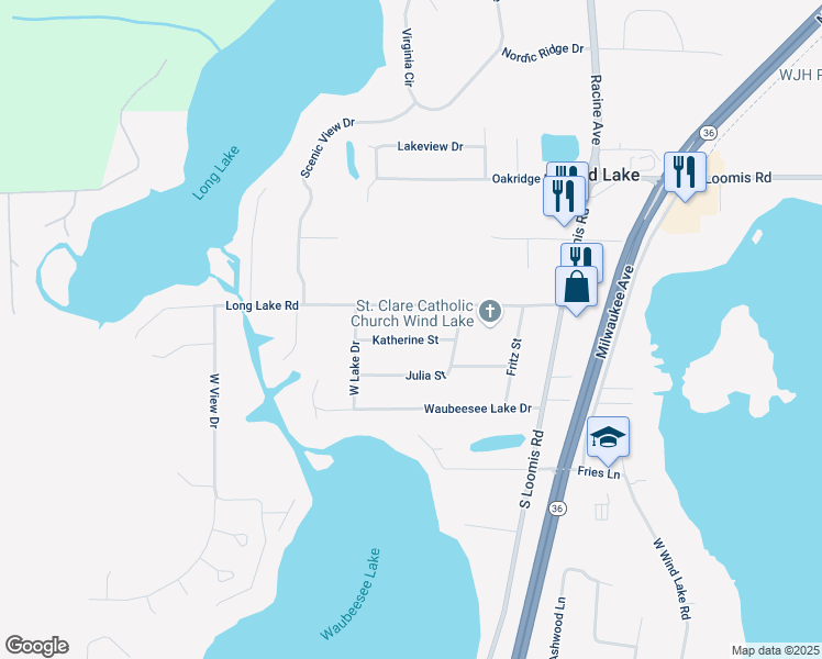 map of restaurants, bars, coffee shops, grocery stores, and more near 26732 Katherine Street in Wind Lake