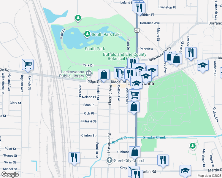 map of restaurants, bars, coffee shops, grocery stores, and more near 1258 Electric Avenue in Buffalo