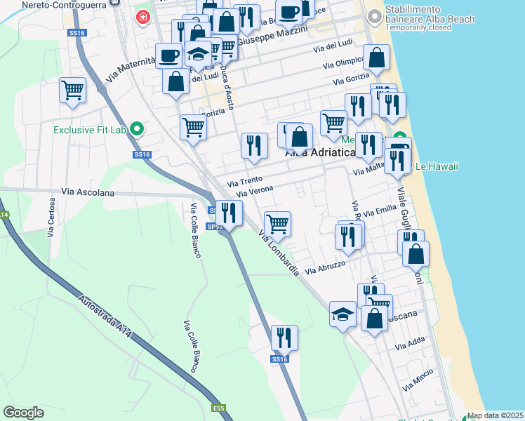 map of restaurants, bars, coffee shops, grocery stores, and more near 5 Via Renato Capanna in Alba Adriatica
