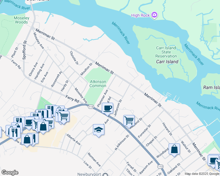 map of restaurants, bars, coffee shops, grocery stores, and more near 28 Plummer Avenue in Newburyport