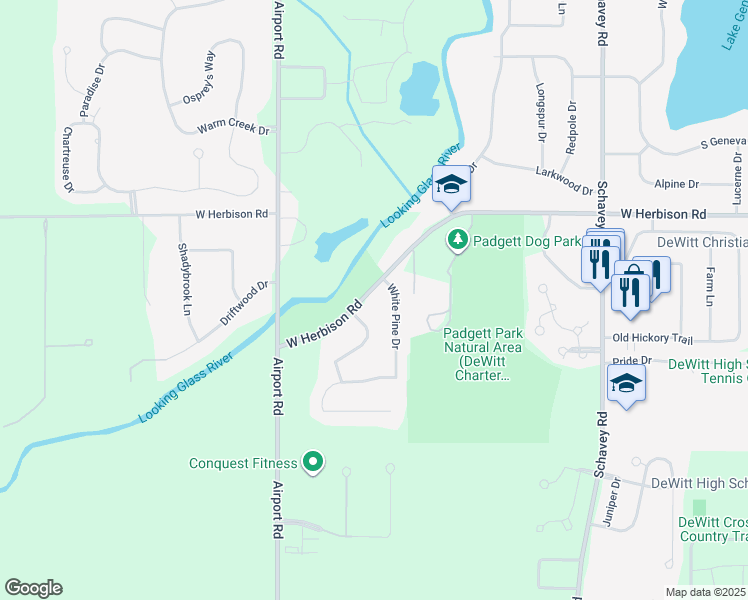 map of restaurants, bars, coffee shops, grocery stores, and more near 3897 West Herbison Road in DeWitt