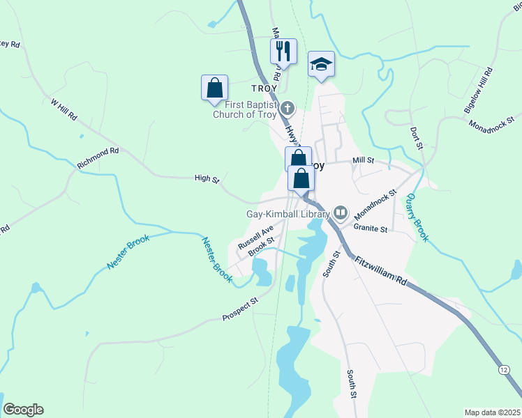 map of restaurants, bars, coffee shops, grocery stores, and more near 16 High Street in Troy